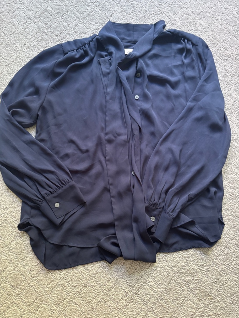 LOFT Navy Long-Sleeve Button-Down Tie-Neck Blouse